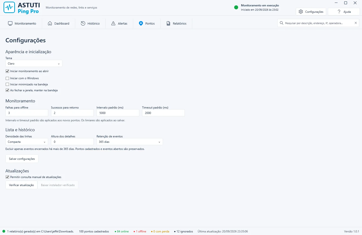 Tela de configurações do Astuti Ping Pro