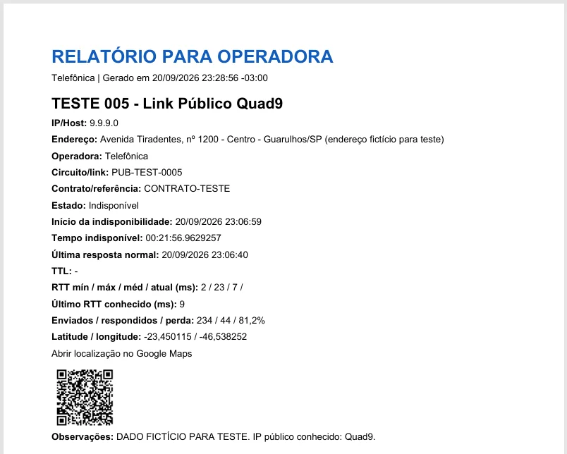 Exemplo real de PDF para operadora gerado pelo Astuti Ping Pro